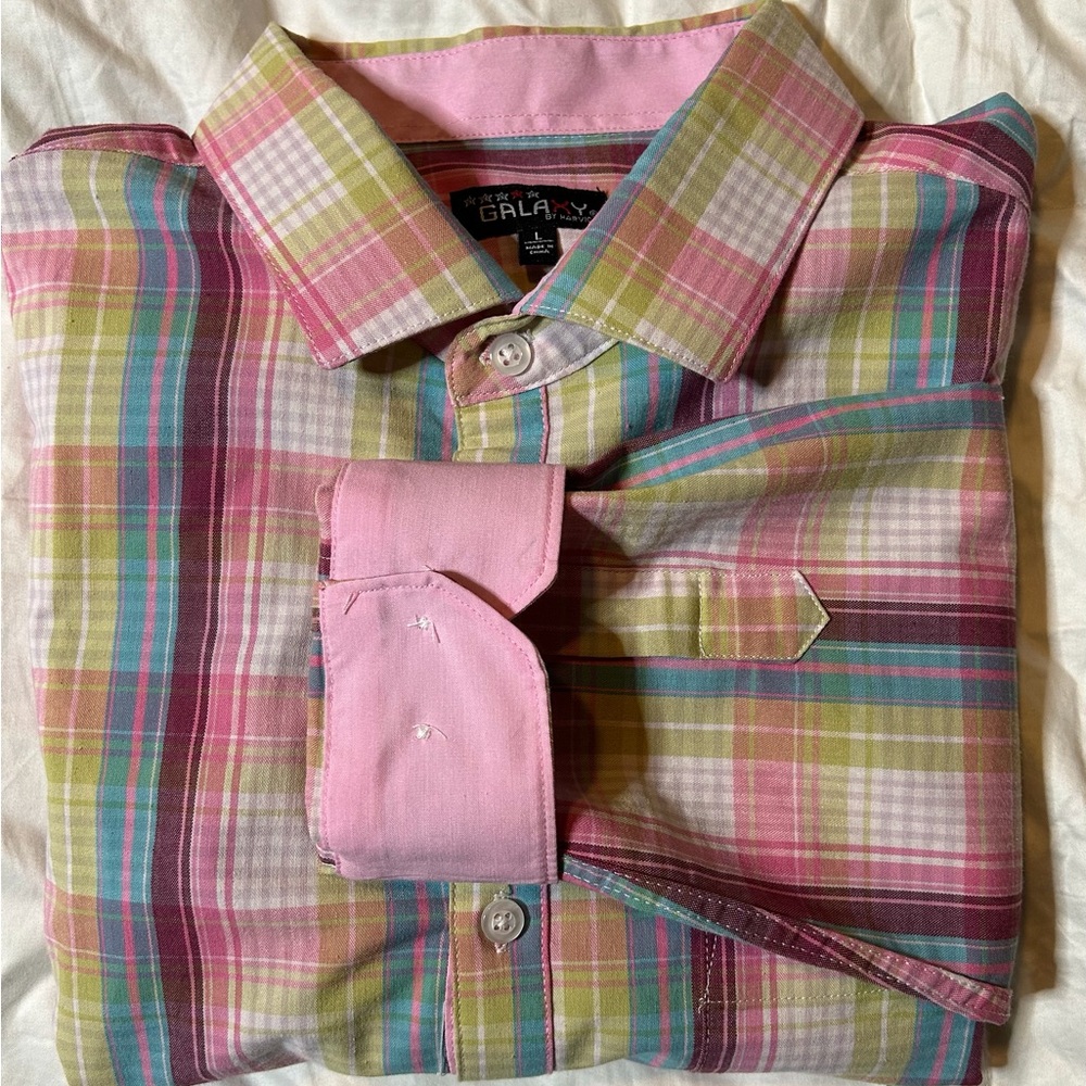 Galaxy Men’s Dress Shirt, Pink Plaid, Size Large